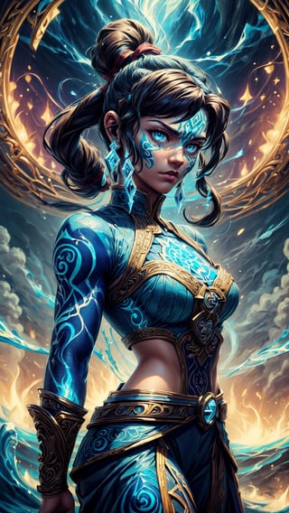 (4k), (masterpiece), (best quality), (extremely intricate), (realistic), (sharp focus), (award winning), (cinematic lighting), (extremely detailed), (epic),

A close-up portrait of Avatar Korra, the Avatar of all four elements, standing with her arms crossed and a determined look on her face. She is wearing her blue water tribe attire and her hair is tied back in a ponytail. The background is a swirling vortex of all four elements.

,korra,DonMDj1nnM4g1cXL ,YakuzaTattoo
