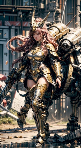(8k), (masterpiece), (best quality),(extremely intricate), (realistic), (sharp focus), (award winning), (cinematic lighting), (extremely detailed),  fullbody,

A fierce and beautiful female warrior standing in a battlefield. She is wearing a full suit of armor, including a helmet, chest plate, and greaves. She is wielding a sword in one hand and a shield in the other. Her hair is flowing in the wind and she has a determined look on her face. The background is a chaotic battlefield with soldiers fighting and horses rearing.

,EpicSky,Isometric_Setting