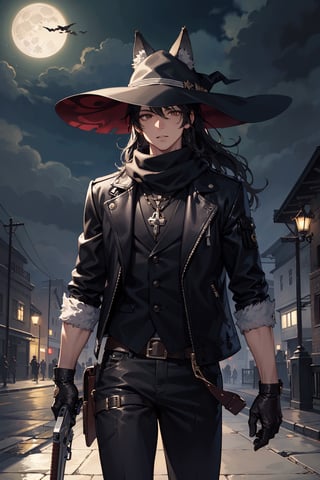 (masterpiece), best quality, expressive eyes, perfect face,1boy, long hair, black hair, wavy hair, masculine, scarf around mouth, wolf ears, brown eyes, long jacket, leather jacket, holding a revolver, walking, witch hunter, black gloves, full moon, dark night, 