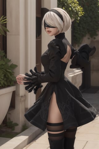 Hyper realistic, masterpiece, best quality, highres, 18yo girl 2B, slender waist, blindfold, long sleeves, puffy sleeves, juliet sleeves, black hairband, black dress, skirt, yorha no. 2 type b, n_2b, Beautiful, black boots, showing off her long legs, side view, sexy