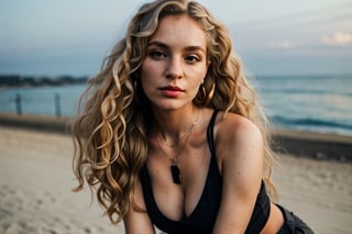 French girl,grey blonde hair(very long hair, curly_hair),hiphop dancer,wearing all black clothes (loose fit top with low cut neckline and wide cargo pants),sneakers,headphone, sitting at sea bank,horizon,seaside,accessories(necklace,ear_rings),Best Quality, 32k, photorealistic, ultra-detailed, finely detailed, high resolution, perfect dynamic composition, beautiful detailed eyes, sharp-focus, cowboy_shot, downblouse