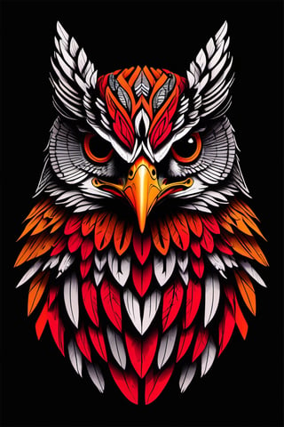 Tribal Spirit animals: tribal art, featuring a intricately detailed spirit animal hawk. cute, powerful, mysterious, high contrast, The design incorporates geometric patterns and bold linework to create a striking and powerful composition. Black background, 8k, ready to print illustration of hand drawn hawk, simple vector, black white orange, few colors and many shades, clean and sharp lines