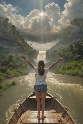 (best quality, highres, masterpiece:1.2), ultra-detailed, photorealistic, A boat going down a large river in the jungle,  the back view of a girl, 1girl, She is standing on a boat , (spread arms:1.5), wearing hot pants and a white t-shirt,The boat is going down towards the river mouth, The boat has camping luggage on board, (Many streaks of light from between the clouds),Movie Still