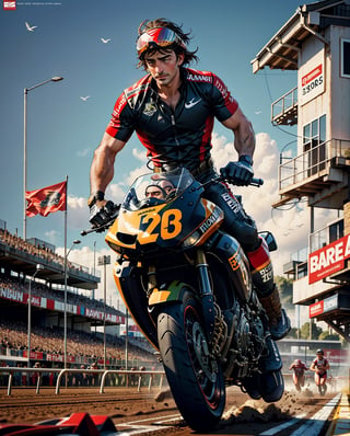 richard hammond gta cover art, no text an award winning shot a horse racing track with racing bulldogs that are winning the race at the finish line