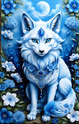 Full body airbrush painting mythical blue kitsune, big reflective blue eyes, soft blue fur, sapphire blue collar, blue flower garden background. The 16k hyperdetailed painting, popular on ArtStation, showcases impeccable lighting, monochromatic blue, shades of blue, rich deep blue colors, vibrant blue colors, pastle blue colors