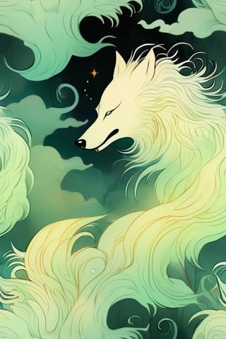 Close-up, Digital art piece by Edward Gorey and Andy Kehoe, showcasing a transluscent luminescent ghoul soul of a majestic wolf, surrounded by howling wolves, forest, abondant smoke, bioluminescence, luminism, rim lightning, volumetric lighting, dynamic pose, intricate detail, sharp focus, swirls, perfect composition, Mysterious,teengirlmix,mythical clouds,cute dragon