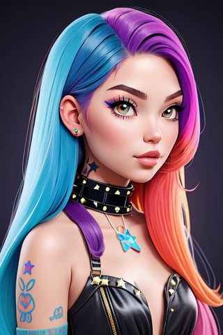 portrait of a girl, half of her head is rainbow-colored hair, the other half of her hair is black, studded with stars, like the night sky