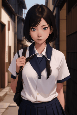 Cute Japanese female sophomore in school uniform with katana in a dark alley, cinematic, 