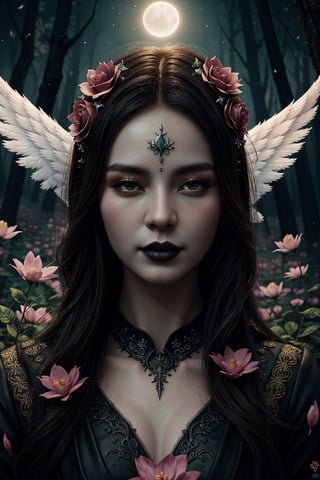 intricately detailed, gothic, digital graphics, close-up, intricately detailed, magician guy and angel girl, perfect face, glowing flowers, floating petals, night, magical forest, concept art portrait in 4k format, dynamic lighting, hyperdetalization, art with high detail, random piece of art by Guangjian Huang