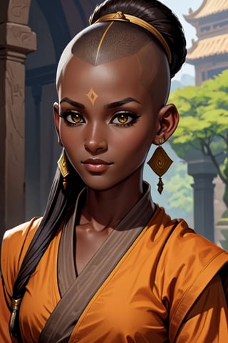 dnd art, a dark skinned female monk with an undercut, gray eyes