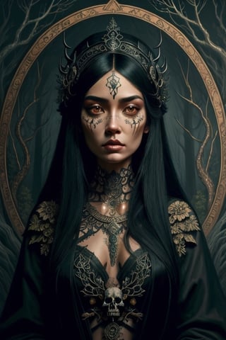 Sexy dark woman, black hair, perfect eyes, skin all tattooed with skulls and bone highly detailed, spooky forest landscape, highly detailed face, filigree, delicate, painted by Artgerm on DeviantArt, an intricate, highly detailed digital painting, art conceptual, sharp focus, illustration, in the style of J.Scott Campbell, Andrew Tarusov and Elias Chatzoudis,IncrsAnyasHehFaceMeme