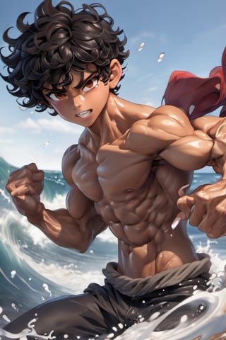 Boy, 16 Years Old, Middle Hair, Black Curly Hair, Brown Eyes, Abs, Muscular, Tan, Face, Boy, Teen, Middle Part, Abs, Muscular Body, Ripped, Veiny, Shirtless, Beach, Ocean, Wet , head hand,256J, hyper detailed, dynamic pose action fighting 
