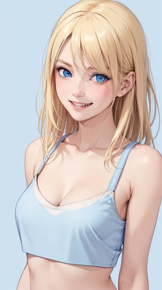 1girl, (blue_eyes), grin, blush, blonde-hair, white crop-top, collarbone, looking at viewer, photo, realistic, masterpiece, best quality, super detail, (soft blue background)