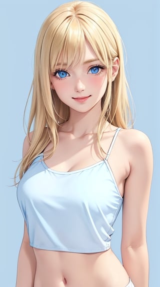 1girl, (blue_eyes), light smile, blush, blonde-hair, white crop-top, collarbone, looking at viewer, photo, realistic, masterpiece, best quality, super detail, (soft blue background)