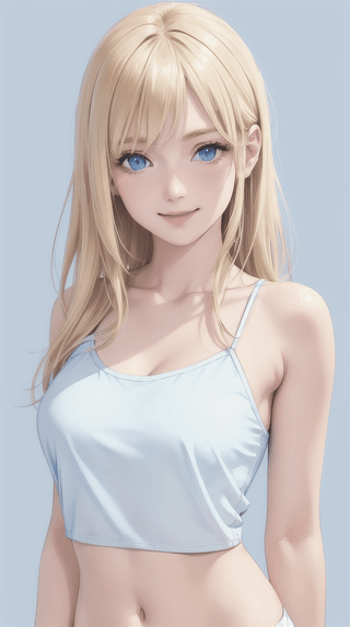 1girl,  (blue_eyes),  light smile,  blush,  blonde-hair,  white crop-top,  collarbone,  looking at viewer,  photo,  realistic,  masterpiece,  best quality,  super detail,  (soft blue background)