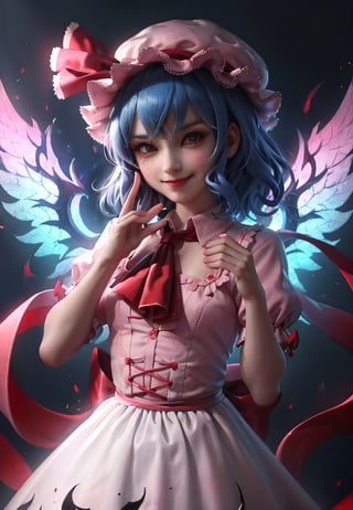 masterpiece, best quality,  ,1girl,pink dress,mob cap,ribbon,blue hair,evil smile,bow,ascot,wings,grey background, (kbxll:0.8)