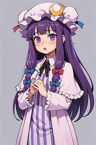 masterpiece, best quality,,1girl,solo,patchouli knowledge, purple hair,purple eyes,grey background, :o, blush, 