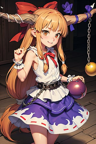 masterpiece, best quality, ibuki suika, ,1girl,gourd,wrist cuffs,ball and chain restraint,cube,  ^_^,