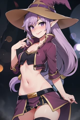 centered, award winning photo, (looking at viewer:1.2), | smile,  Kaleina, brown witch hat, purple hair, licking lips, blushing, smug, |forest, swirling magic,  | bokeh, depth of field, cinematic composition, |  contrapposto, from the side, 