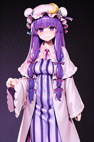 outline, masterpiece, best quality,,1girl,solo,patchouli knowledge, purple hair,purple eyes,grey background, blush, smiling,