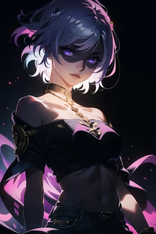 BEST QUALITY, HIGHRES, ABSURDRES, HIGH_RESOLUTION, MASTERPIECE, SUPER DETAIL, HYPER DETAIL, INTRICATE_DETAILS, LIGNE_CLAIRE, PERFECTEYES, DARK EYELASHES, EYELINER, SOFT GLOWING EYES,

mature_female, simple_background, dark_background, dark_theme, big_breasts, crop tube top, solo, no light, (purple eye_glowing:1.4), medium_hair, glowing_eyes, glow in the dark, purple_eyes,highres,Selenastun, white_hair, short pants, denim shorts, cutoffs, 