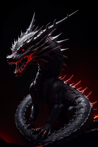 Ultra high resolution image of a black dragon, (black:1.5),1 dragon, A black dragon, glowing eyes, red eyes,dragon-themed, complex background, night, dark, darkness, ,dragonbaby, dragon tails, horns ,long (dark background:1.5), black background, (mouth with sparks and smoke), lightning on face