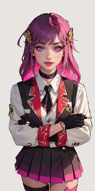 1girl, ((blank background)), vibrant colors, (bangs, long_hair, multicolor_hair, pink_hair, light_purple_hair)), light_purple_eyes, large breasts, ((school uniform, black school vest, white school jacket with red collar, red sleeves, white shirt, black tie, long_sleeves, )), ((white background)) , happy_face, smile, jewels, black gloves, fingerless_gloves, Exorcist, black skirt, tribal painting on skirt, ((asymmetrical_thighhigh, uneven_thighhigh:1.5)), shocks, white boots, ((upper_body, head and shoulder portrait,)), hair_ornament, flowers, butterfly, 