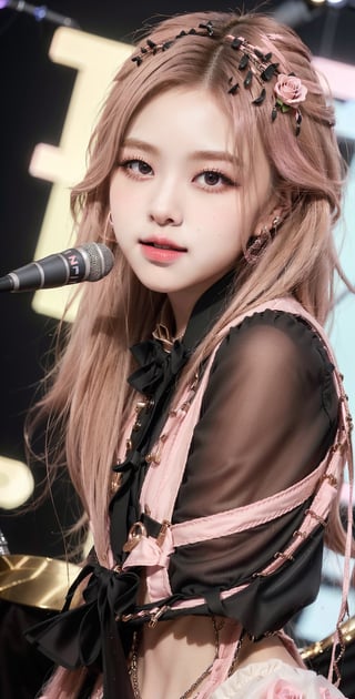 Realistic, 1women, (masterpiece 1.2), (ultra Max high quality 1.2), (high_resolution 4k), (high detailed face), singing on stage, in concert, cute teen KPOP girl, ginger hair, wearing pink and black trendy KPOP costume, (professional photo), little dressed, sweet smile,  showing long legs,real_yami ,rose
