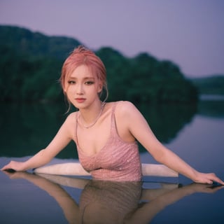 a woman in a dress is leaning over a body of water with her hands on her hips and smiling, pink hair, ((big breast)), sexy, ((naked))