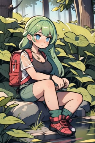 A nature-loving girl with blue eyes, long flowing green hair. She wears a practical yet stylish outfit, featuring cargo short, a utility vest, and hiking boots. Her accessories include a compass necklace and a backpack filled with nature exploration gear. open_shoulders, open_legs, sitting_down, big_boobs, thicc_thighs, het shirt is wet revealing her nipples, pink_nipples, large_areola