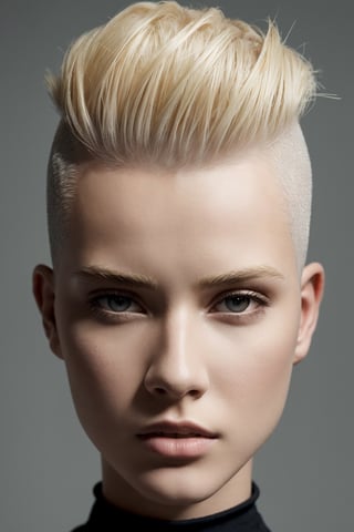 a 20 yo woman, blonde, (hi-top fade:1.3), dark theme, soothing tones, muted colors, high contrast, (natural skin texture, hyperrealism, soft light, sharp),sks woman