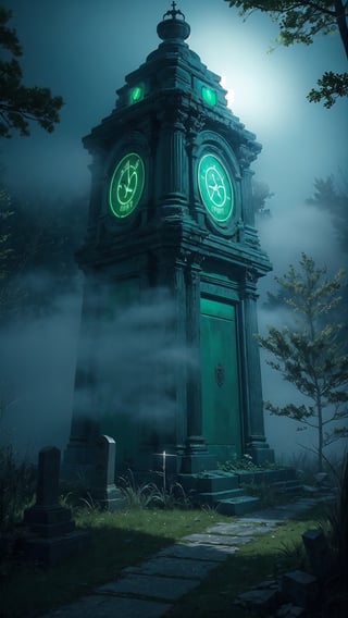 Ancient Graveyard, horror, mysterious (blue and green thick fog:1.4), Deep forest, creepy lighting, Cyberpunk Style art, 8k, Most Dope, Rendered in Octane, trending on artstation, cgsociety, moody lighting rendered by octane engine, environment 8K artstation, cinematic lighting, intricate details, 4k detail post processing, hyperealistic, octane render, photo realism ultra detailed cinematic,