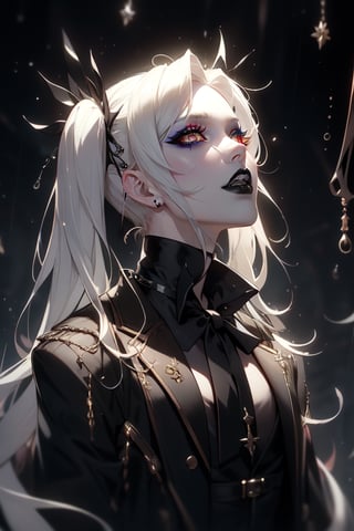 (masterpiece, top quality, best, official art, beautiful and aesthetic:1.2), looking up, villain, evil, office suit, sharp nails, smoky eyes, bite finger, female, long silver hair, pigtails, content, nightmare, horror, scoundrel, black tie, chains, justiciar, vile, black lips, black lipstick, glowing eyes, rain, ash, tar, needles, in hair, prismatic makeup, thick collar, psychotic, hands flairing, scream,
