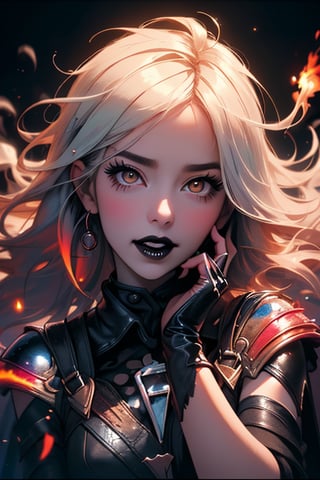 (masterpiece, top quality, best, official art, beautiful and aesthetic:1.2), looking up, (beautiful detailed face), (beautiful detailed eyes:1.2), (glowinig white eyes:1.2), | multicolored hair, solo, black eye shadow, (cloak, collar, gloves), | symetrical and detailed clothes, | Chamber, magical surroudings, essence, stream of ice, | bokeh, depht of field, | hyperealistic shadows, smooth detailed, Niji Kei, flames, fantasy, magic, dream, floating, embers, blizzard, black lips, black lipstick,  spread fingers, touch face, hands across face, hands holding face, hands cupping face, laughter ,Niji Kei. 