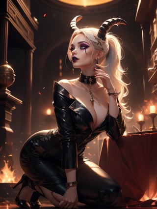 (masterpiece, top quality, best, official art, beautiful and aesthetic:1.2), looking up, Smoky eyes, Female, Long white hair, ponytail, Black lips, Black lipstick,  White Glowing eyes, Prismatic makeup, Pale skin, Devil, Evil, Office suit, Thick collar, Skirt, High heels, Underworld, Hell, Short gloves, Chains, Ember, Cuffs, touching face, hands on face, stroking face, Villain, Goat horns, Harbringer, Leaning, Smile, earrings, piercings, accessories,

