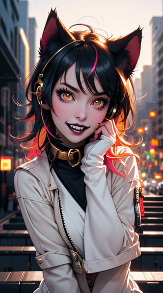 (masterpiece, top quality, best, official art, beautiful and aesthetic:1.2), looking up, (beautiful detailed face), (beautiful detailed eyes:1.2), (Glowing golden eyes:1.2), | multicolored hair hair, solo, neon hair, black eye shadow, (collar, gloves), | symetrical and detailed clothes, | harbour, smoky, neon lights, night, stage,| bokeh, depht of field, | hyperealistic shadows, smooth detailed, Niji Kei, neon, seaside, black lips, black lipstick,  spread fingers, touch face, hands across face, hands holding face, hands cupping face, laughter ,Niji Kei. facing viewer, gold crop top,,  Cybernetics, Madness, Cat earphones,  fangs, Cat ears, backless dress, tatoo, golden clothes, golden, jacket,