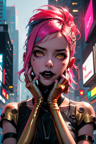 (masterpiece, top quality, best, official art, beautiful and aesthetic:1.2), looking up, (beautiful detailed face), (beautiful detailed eyes:1.2), (glowing golden eyes:1.2), | blue and pink hair, solo, black eye shadow, (collar, gloves), | symetrical and detailed clothes, | Cyberpunk, smoke, neon lights, night, | bokeh, depht of field, | hyperealistic shadows, smooth detailed, Niji Kei, Frost, Cyberpunk, neon, cables, black lips, black lipstick,  spread fingers, touch face, hands across face, hands holding face, hands cupping face, laughter ,Niji Kei. facing viewer, Cyberpunk suit, 