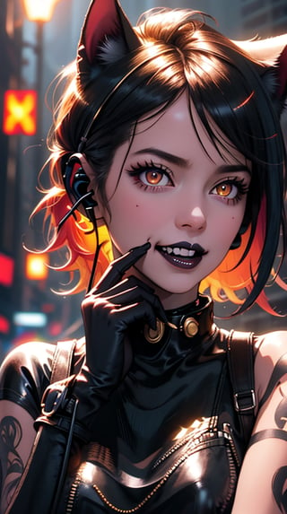 (masterpiece, top quality, best, official art, beautiful and aesthetic:1.2), looking up, (beautiful detailed face), (beautiful detailed eyes:1.2), (Glowing golden eyes:1.2), | multicolored hair hair, solo, neon hair, black eye shadow, (collar, gloves), | symetrical and detailed clothes, | Cyberpunk, smoky, neon lights, night, stage,| bokeh, depht of field, | hyperealistic shadows, smooth detailed, Niji Kei, Frost, Cyberpunk, neon, cables, black lips, black lipstick,  spread fingers, touch face, hands across face, hands holding face, hands cupping face, laughter ,Niji Kei. facing viewer, gold clothes,  Cybernetics, Madness, Cat earphones,  fangs, Cat ears, gold backless dress, happy, tattoo, glasses.