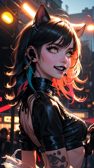 (masterpiece, top quality, best, official art, beautiful and aesthetic:1.2), looking up, (beautiful detailed face), (beautiful detailed eyes:1.2), (Glowing golden eyes:1.2), | multicolored hair, solo, neon hair, black eye shadow, (collar, gloves), | symetrical and detailed clothes, | harbour, smoky, neon lights, night, stage,| bokeh, depht of field, | hyperealistic shadows, smooth detailed, Niji Kei, neon, seaside, black lips, black lipstick,  spread fingers, touch face, hands across face, hands holding face, hands cupping face, laughter ,Niji Kei. facing viewer, gold crop top,,  Cybernetics, Madness, Cat earphones,  fangs, horns backless dress, tatoo, golden clothes, golden, jacket,