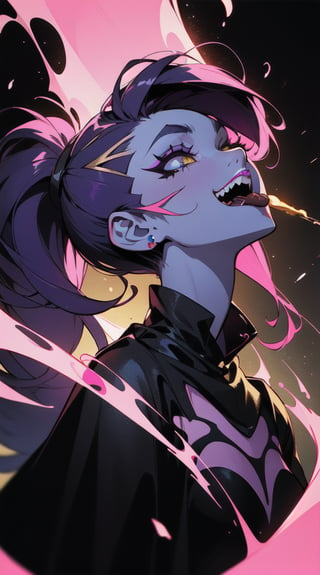 (masterpiece, top quality, best, official art, beautiful and aesthetic:1.2), looking up, (beautiful detailed face), (beautiful detailed eyes:1.2), (Smoky golden eyes:1.2), | black and purple hair, mohawk hair, solo, black eye shadow, | symetrical and detailed clothes, | darkness, pink smoke, shining light, | bokeh, depht of field, | hyperealistic shadows, smooth detailed,  black lips, black lipstick, necromancy, skeleton, cloak, darkness, abyss, adjucator, sharp teeth, laugh, playful. terror, Ghostly effect, otherworldly hues, vibrant colors, tongue out,ponytail, wildfire, 
