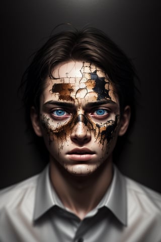 best quality, ultra-detailed, high_res, a man have abstract skin, face down,close up, messy middle part hair, open mouth,death stare, detailed eyes, abstract skin color, hand holding face,perfect eyes,formal shirt, abstract color, full abstract skin, abstract skin, (skin texture), look down