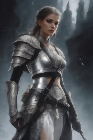 Luis royo style, acrylic paint and spray paint, 8K, rule of thirds, 
intricate, dark lighting, Flickr, well focused, atmospheric, dramatic, highly detailed, (masterpiece, best quality, absurd, 4k, aesthetic, detailed, intricate),1girl, broken glass, reflection, short hair, armour, armoured boots, belt, breastplate, white headband, shoulder armour, white trousers, white gloves, gauntlets, knee-high boots   
