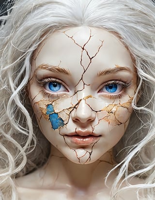 surrealist art a beautiful female doll with porcelain kintsugi skin, cracked skin, shattered porcelain skin, deep fine cracks, kintsugi, perfect clear realistic grey-blue eyes, soft focus, close-up, uncanny, long white natural hair, stunning perfect shining eyes, shy smile, serene curiosity, smiling eyes, amazing depth, expansive details, against a dark gradient background, style of Agnes Cecile and Anna Dittmann, dreamlike, mysterious, provocative, symbolic, intricate, detailed,

