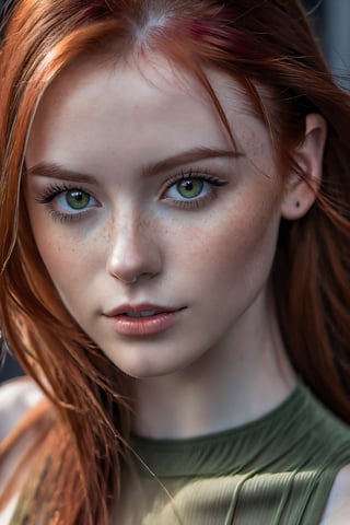 photorealistic, raw photo, best quality, ultra detailed, masterpiece, 1girl, naked topless, crimson red hair head,passionate,adorable shy young girl, petite skinny flat chested, alluring face with a few freckles,realistic soft blue grey eyes partially open,detailed skin, pores, tattoos,detailed background,inticate detailed, depth of field, full body framing from very low angle, backlit, smoky haze,  delightful, perfect, glamorous, dazzling, alluring, astonishing, dreamlike, marvelous, magnificent, irresistible, appealing, captivating, inviting, radiant, with green tight leggings and a green top (lora:Detail_Tweaker:1.2),Leonardo Style,photo r3al