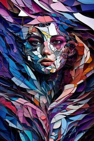 1girl, abstract art, complex colors, complex shapes, fractures, cuts, mj