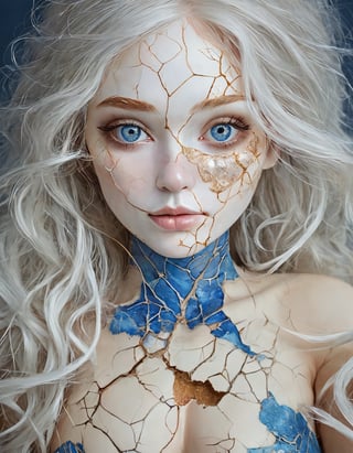 surrealist art a beautiful female doll with porcelain kintsugi skin, cracked skin, shattered porcelain skin, deep fine cracks, kintsugi, perfect clear realistic grey-blue eyes, soft focus, close-up, uncanny, long white natural hair, stunning perfect shining eyes, shy smile, serene curiosity, smiling eyes, amazing depth, expansive details, against a dark gradient background, style of Agnes Cecile and Anna Dittmann, dreamlike, mysterious, provocative, symbolic, intricate, detailed,
