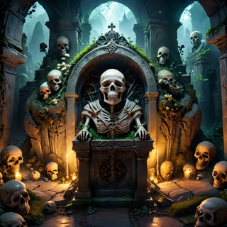 (masterpiece:1.2), (best quality,:1.2), 8k, HDR, ultra detailed, ((photorealistic)), professional light, cinematic lighting, fashion photography, ambient lighting, atmospheric effects, a magical fantasy tomb with open graves, skulls, treasure, ReDe, , epiCPhoto
