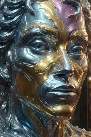 it is a shape with multiple sides, it is made of glass and the faces are painted in different metallic colours, the image is full of glitter and reflections, it is something incredible to see,metal,SteelHeartQuiron character