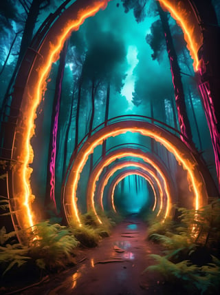 cinematic photo, tall tech curved structures, vibrant colors, glowing light, bioluminescent forest, (colored smoke dripping from the lights:1.4) tunnel,  
,more detail XL