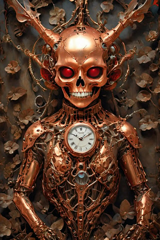 steampunk mechanical scull, copper human scull, shiny copper, steam, pressure valves, dials, intricate details, luxury renaissance steampunk interior, photo, photography, sharp focus, detailed, carries the machinery of a watch, actually a watch,aw0k euphoric style,DonMM4g1cXL ,darkart, in the style of esao andrews,Vogue,sticker,aw0k euphoricred style